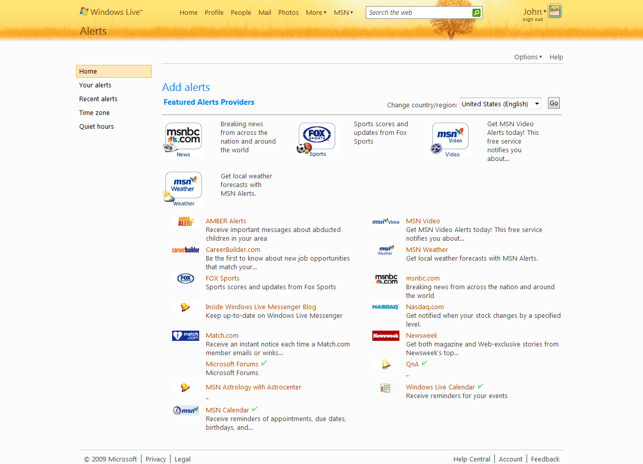 Windows Live Alerts Interface (2009)